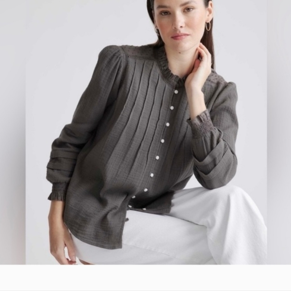 Quince Textured Organic Cotton Peasant Blouse Grey